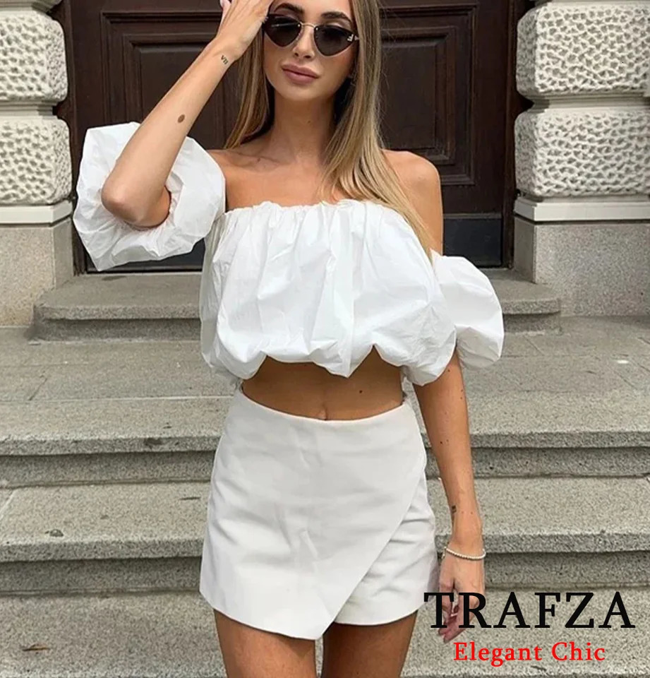 TRAFZA Women Skort High Waist Skirt Pants Brown Asymmetric Shorts Spring Summer Fashion Casual Pink White 250514