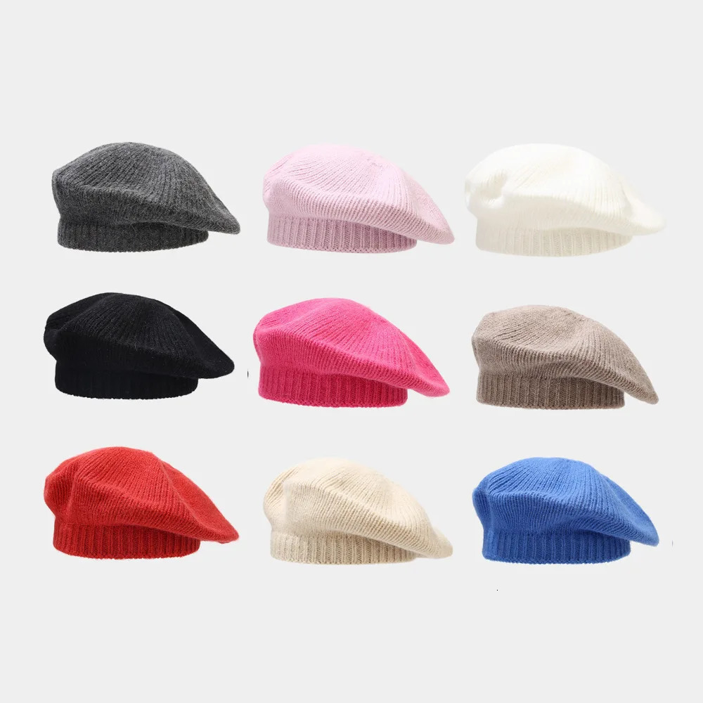 Simple Women Rabbit Fur Knitted Beret French Fashion Artist Winter Warm Beanie Hat Vintage Plain Solid Solor Painter Skull Cap 250514