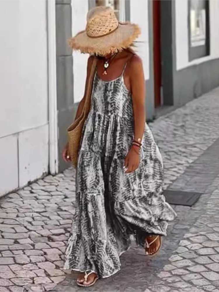 Tie Dye Print Spaghetti Strap Dresses Women Bohemian Style Loose Backless Vacation Beach Long Dress Female Fashion StreetwearXJ250514