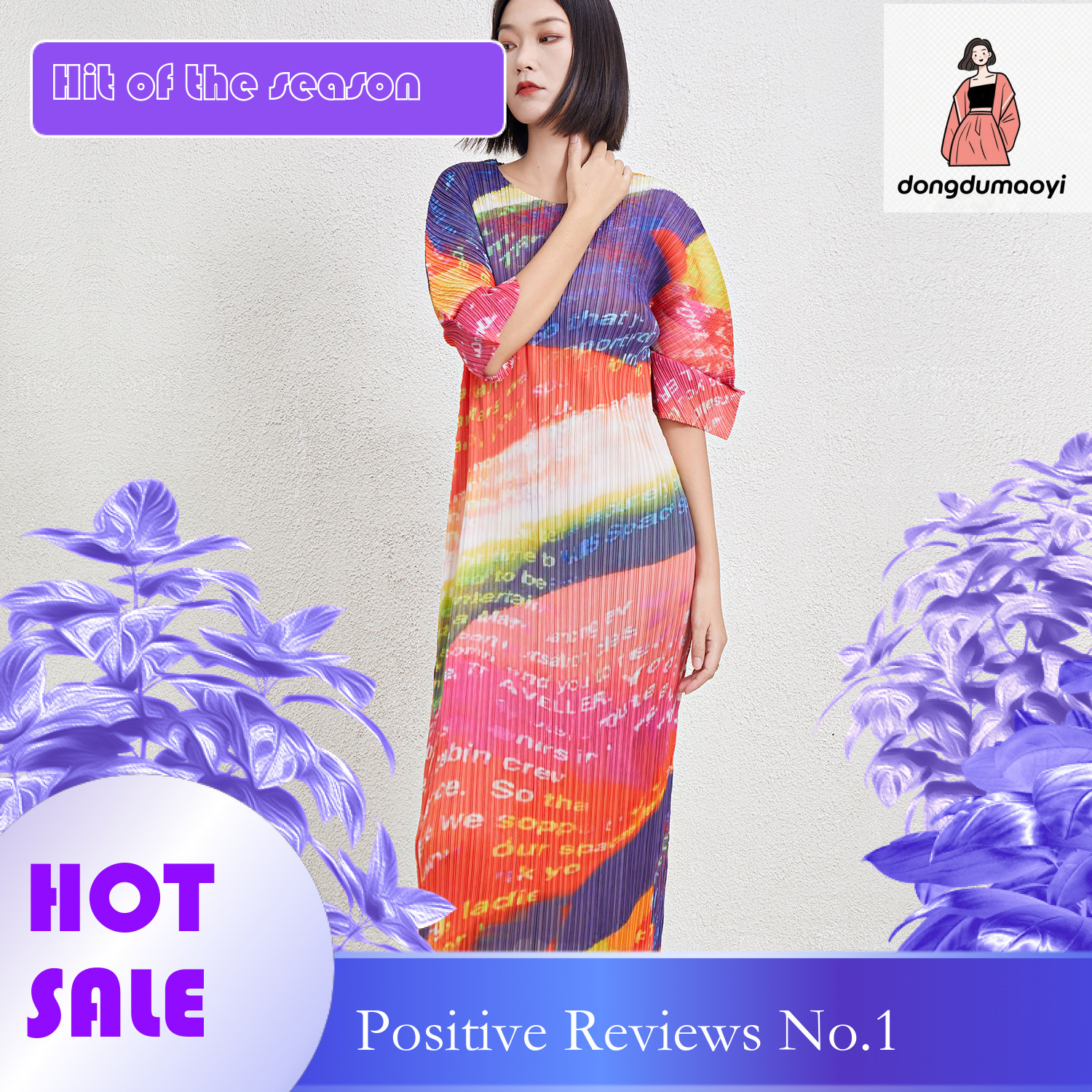 dongdumaoyi Miyake Pingti Spring and Autumn July New Collection Wrinkle Printed Round Neck Short sleeved Dress PP JH