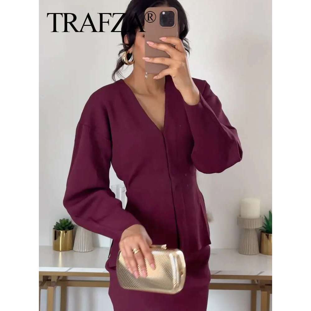 TRAFZA Women Autumn Fashion Sweater Elegant Solid V-Neck Long Sleeve Single Breasted Knitted Coat Tops Female Casual Cardigans