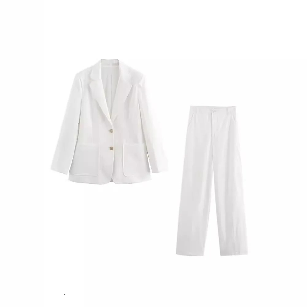 Nordic Minimalist Elegant Linen Blended Sweatshirt Fashion Casual White Set Straight Pants 250530