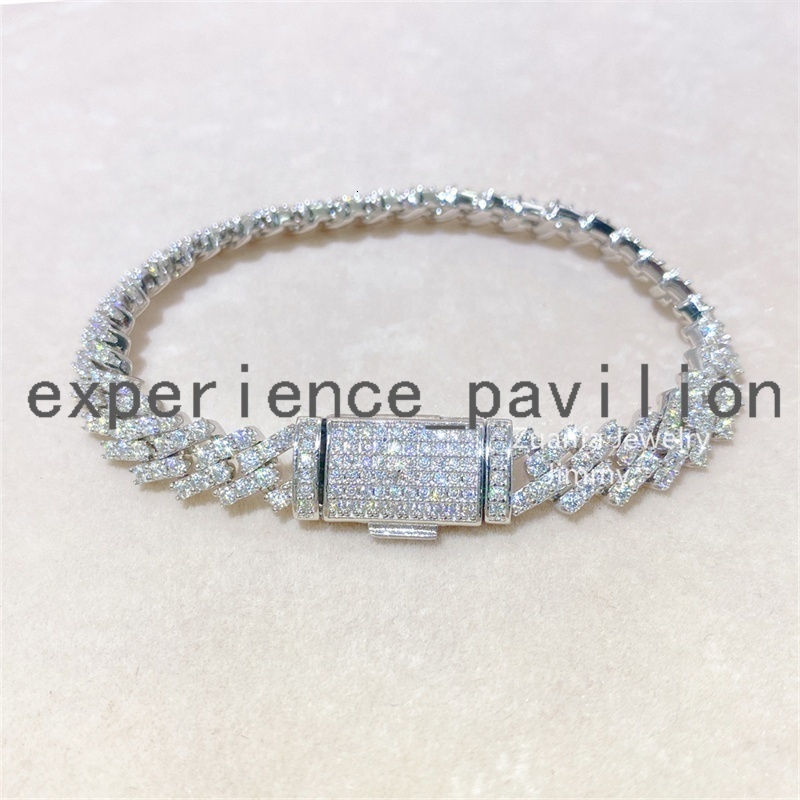 Buss Down Stylish 10mm Hiphop 925 Sterling Silver Hand Prong Setting Iced Out D Moissanite Diamond Cuban Link Chain Bracelet