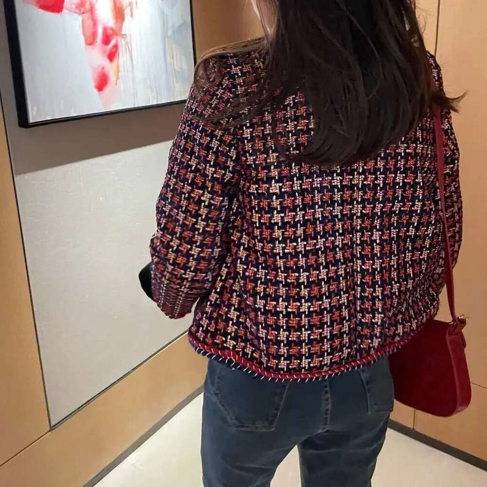 Women's Elegant Open Front Round Neck Fringed Tweed Jacket Coat New Fashion Plaid Short Tops Outerwear