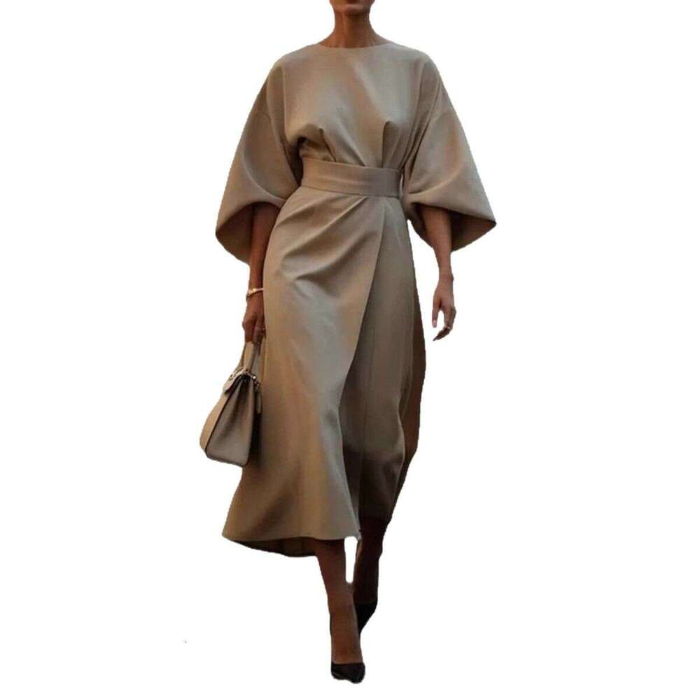 2025 Women's Fashion Elegant Solid Color Waist Casual Bat Sleeve Long Dress