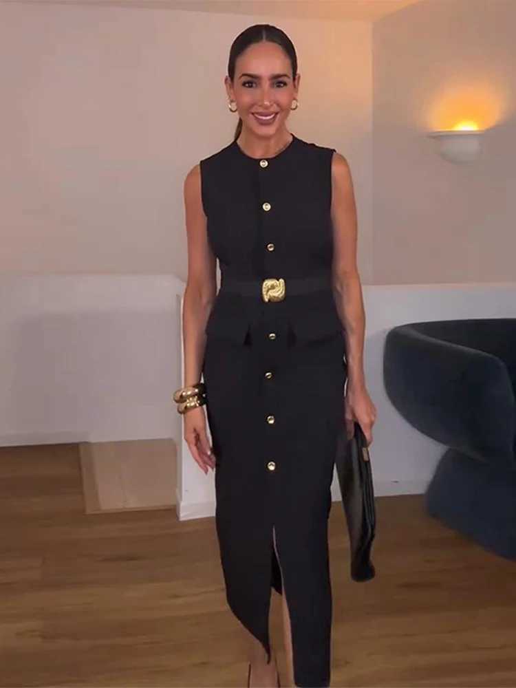 Black Elegant Long Dress With Belt Women Slim Single Breasted Front Split Sleeveless Female Dresses 2025 Summer Lady DressXJ250514