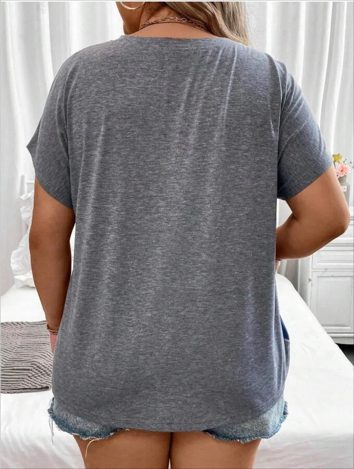 Plus Size European and American Cross Border Womens Loose Short Sleeve Patchwork Pocket Tshirt Top 250514