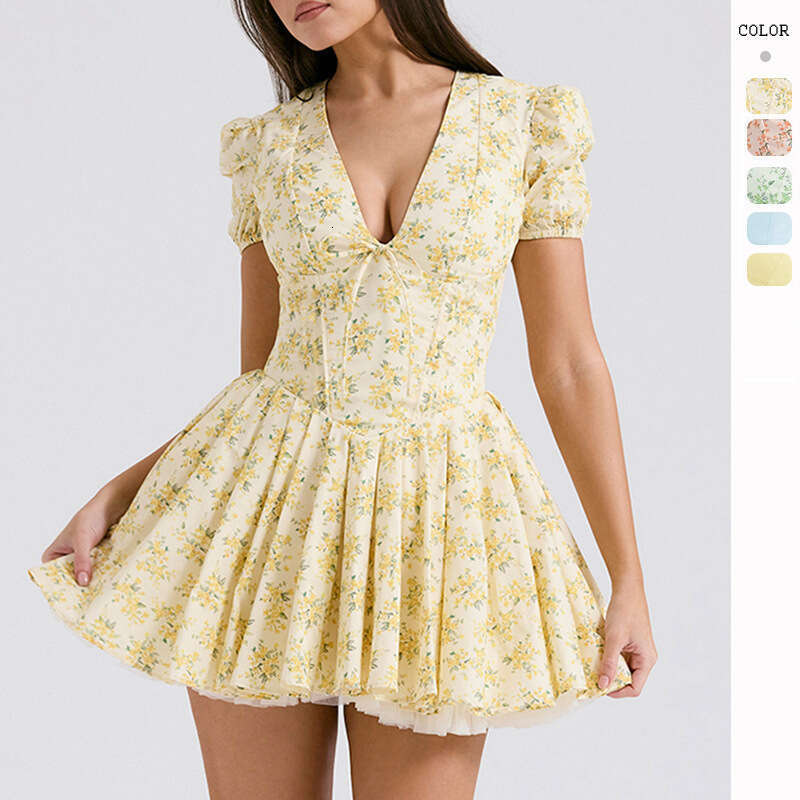Tender Vestido De Mujer Goth 2025 French Sweet Fragmented Flower Bubble Sleeve Summer Ballet Dopamine Dressing Waist Wrapped Spicy Girl A-line Dress