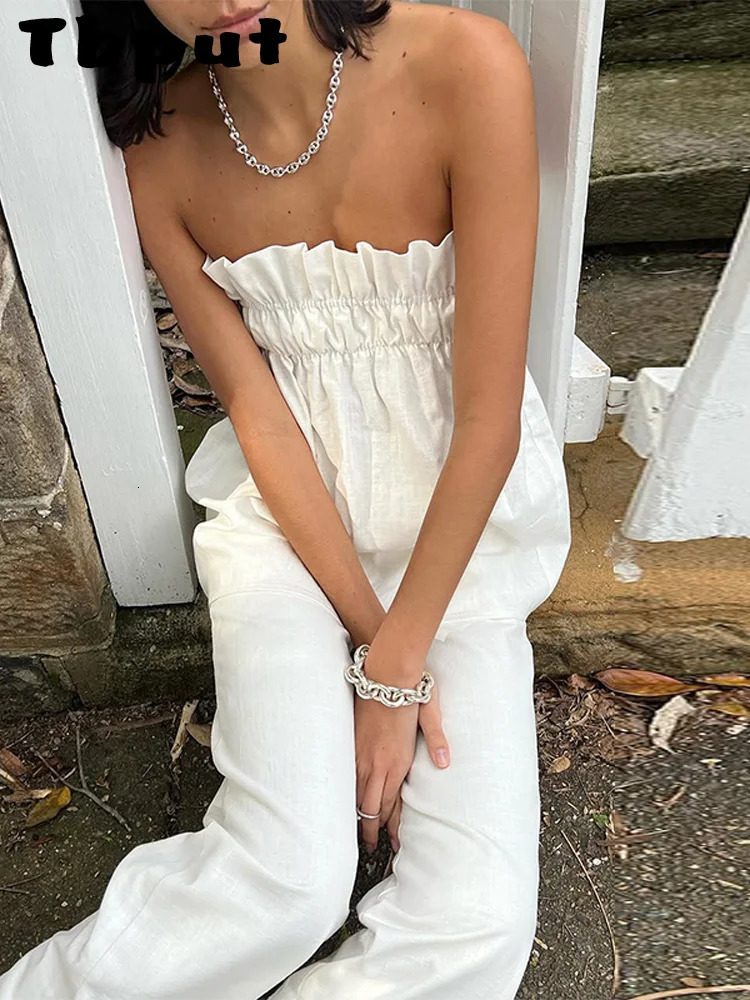 Sexy Womens Two Pieces Set Pleated Tube Top Trouser Suits Solid Sleeveless Straight Pants 2025 Summer Fashion Female Suit 250513