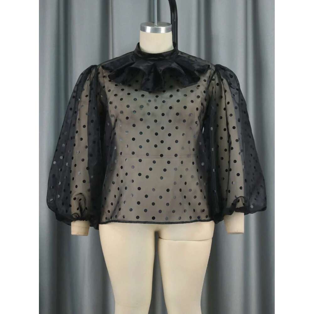 Women's Black Tulle Blouses Polka Dot Ruffles High Neck Tops Shirt Lantern Sleeve Pullover See Through Summer Clubwear Plus Size