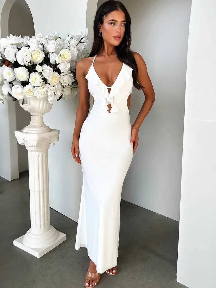 Solid Color Slim Halter Neck Dresses Women Sexy V-neck Hollow Out Backless Leace-up Bodycon Long Dress Trendy Party Club DressXJ250514