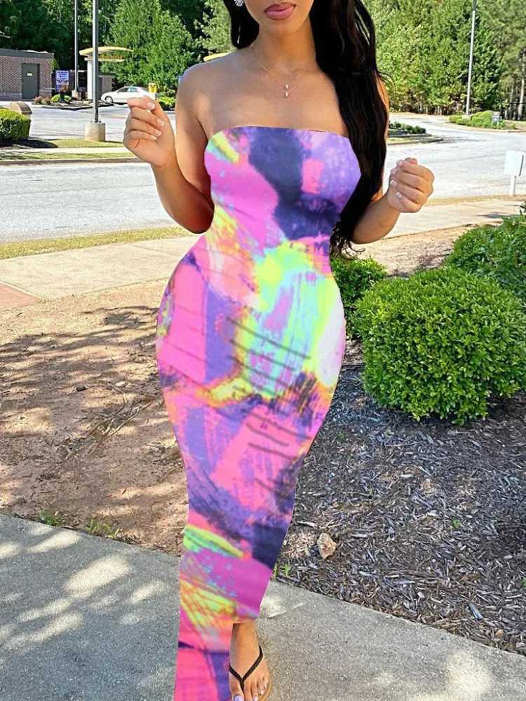 Sexy Boho Style Colorful Striped Tie-dyed Long Maxi Dress Women Strapless Sleeveless Bodycon Dress Elegant Club Party DressesXJ250514