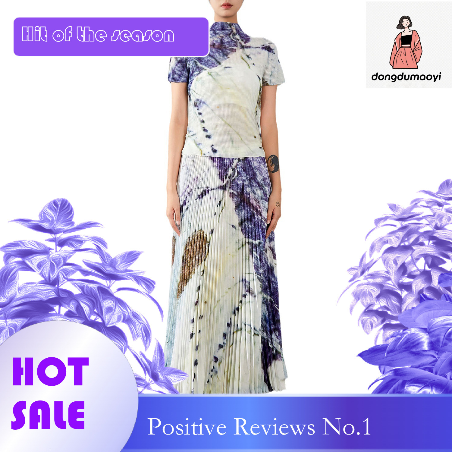 dongdumaoyi Miyake Fashion Printed Top Women's Summer Folded Short Sleeve T-shirt High Waist Slimming Half Body Skirt Two Piece Set Women