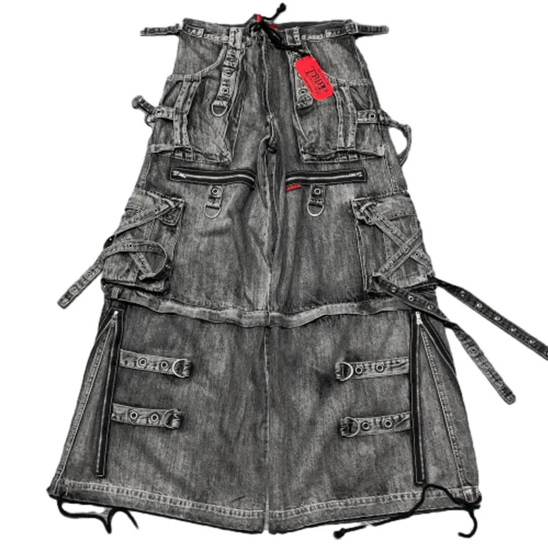 Black Y2K Hiphop Gothic Multi Pocket Zipper Jeans for Men Japanese Streetwear Trendy Cargo Pants European Urban Baggy Denim 250514