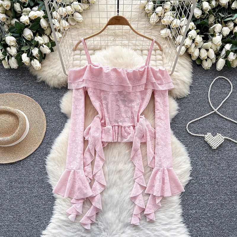 HELIAR Women Off Shoulder Sexy Blouse Female Long Flare Sleeves Ruffles Beach Shirt Summer Irregular Floral sweet Tops 250514