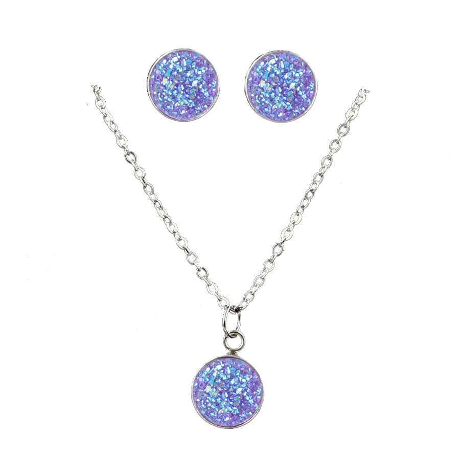 Fashion Drusy Round Pendant Jewelry For Anti Allergy Bling Stud Earrings Sets Women Party Necklace