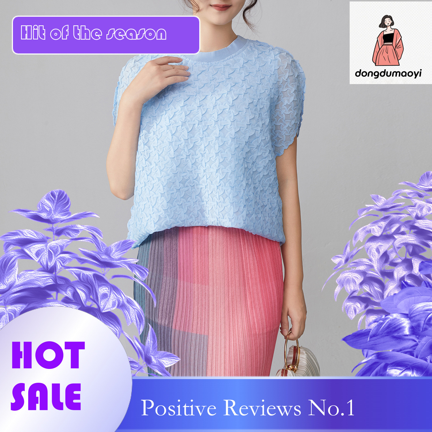 dongdumaoyi High end temperament, pleated texture, unique front shoulder shirt, summer new style, hollowed out hook flower, elegant age reducing and s
