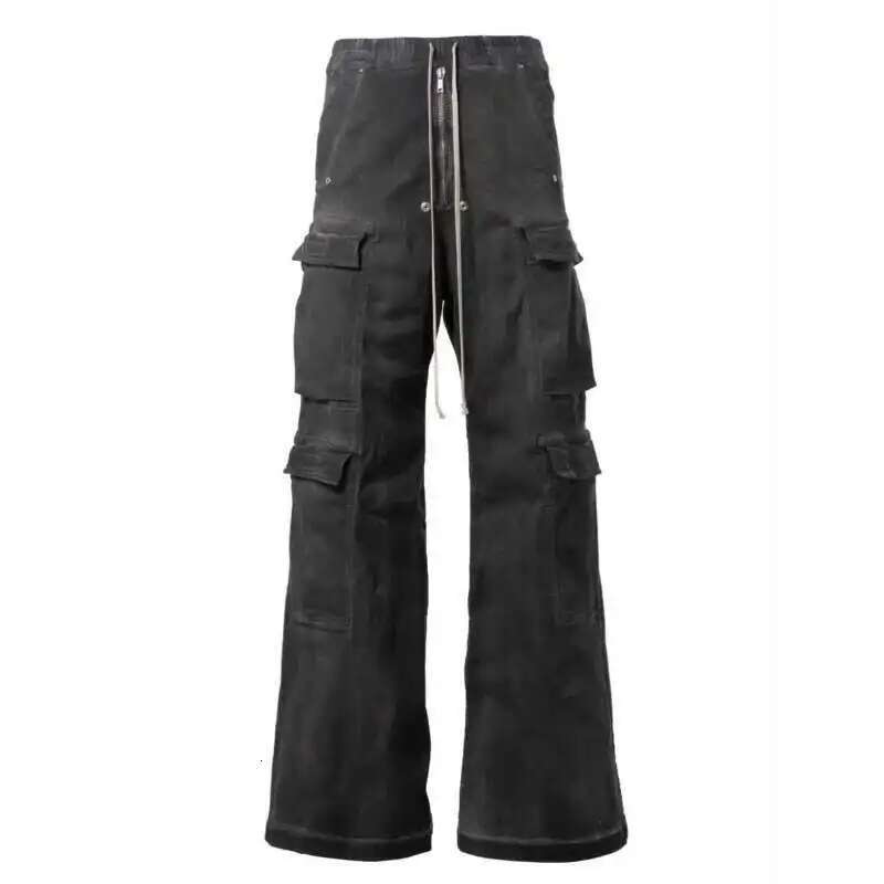 High Street Drawstring Zipper Sliced Wide Leg Cargo Msn's Casual Straight Trousers Loose Denim Pants 28W5963