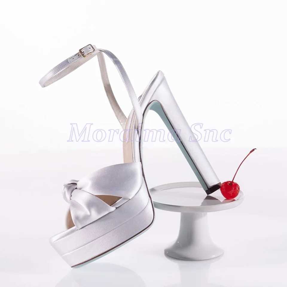 Bridal Knot Satin Platform Sandals Block High Heel Ankle Buckle Strap Round Open Toe Fashion Womens Wedding Shoes Summer 2025 W250514