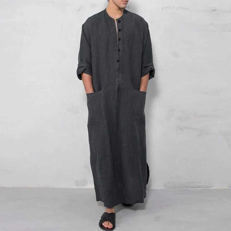 Mens Muslim Robes Solid Color Long Sleeve Cotton Pockets Robes Button-down Leisure Vintage Islamic Arab Kaftan Dubai Male New X250514