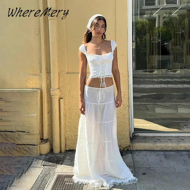 WhereMery Temperament Lace Off Shoulder Halter Tops and Lowwaist Drawstring Long Skirts Summer French Gentle Women 2 Piece Set 250514