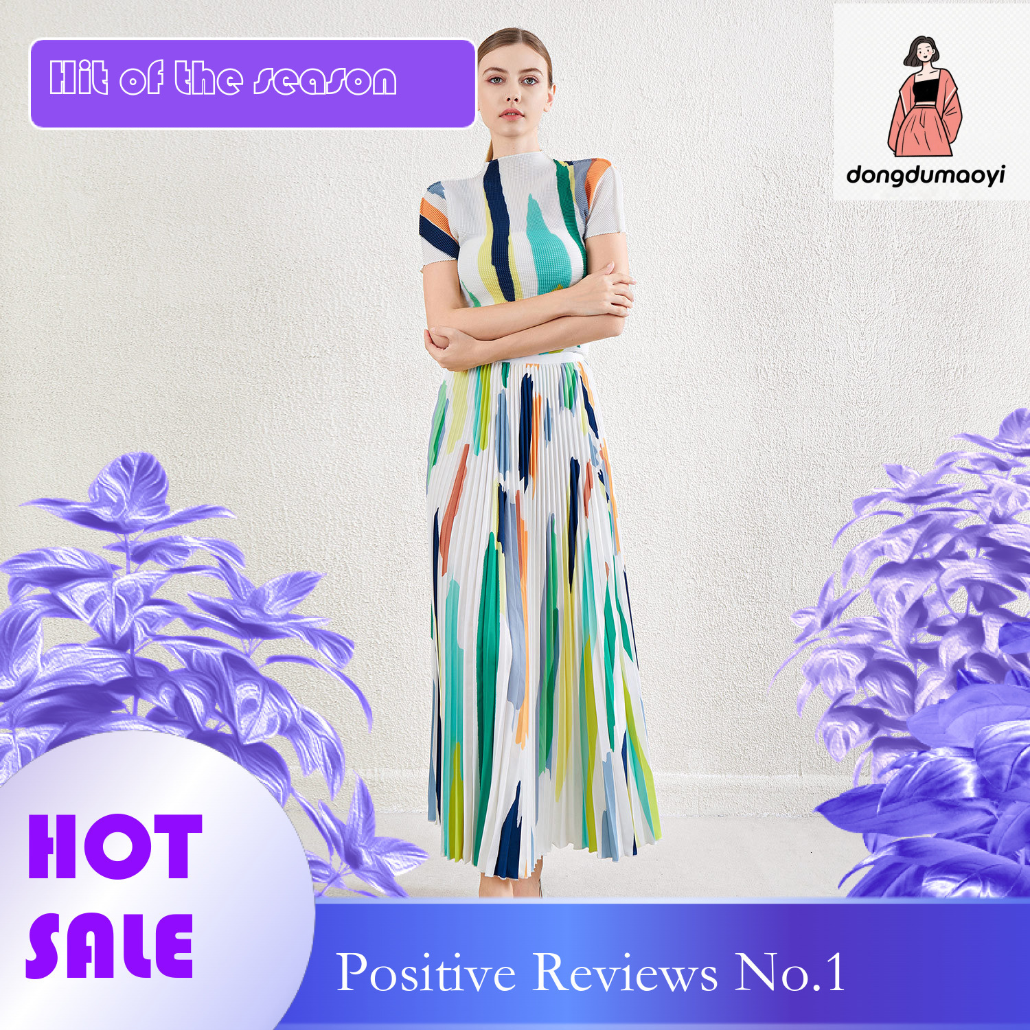 dongdumaoyi Fashion short sleeved top, long set, women's summer printed pleated T-shirt, half skirt two-piece set