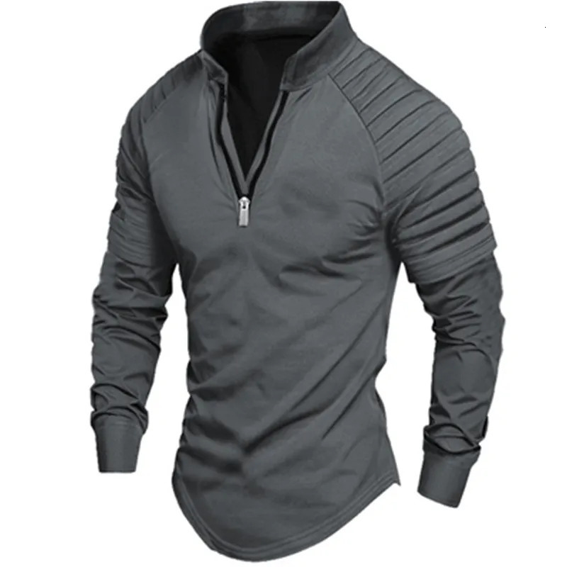 Mens longsleeved polo shirt zipper standing collar arm pleated solid color sports casual slim fashion mens wear 250506Z