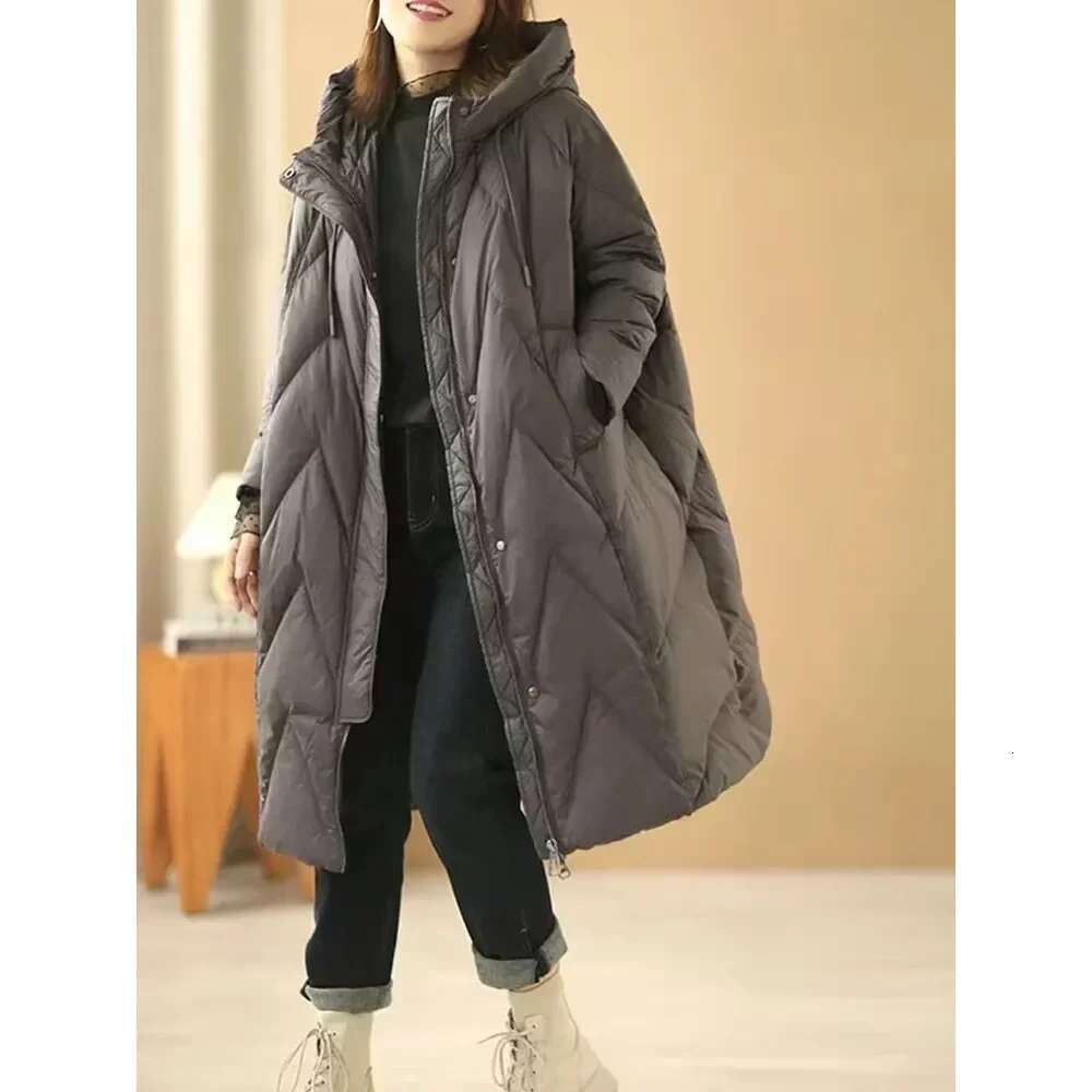 Lady Loose Long Coat White Duck Down Jacket Women Overcoat Hooded Puffer Feather Parkas Female 2024 Winter Fashion New
