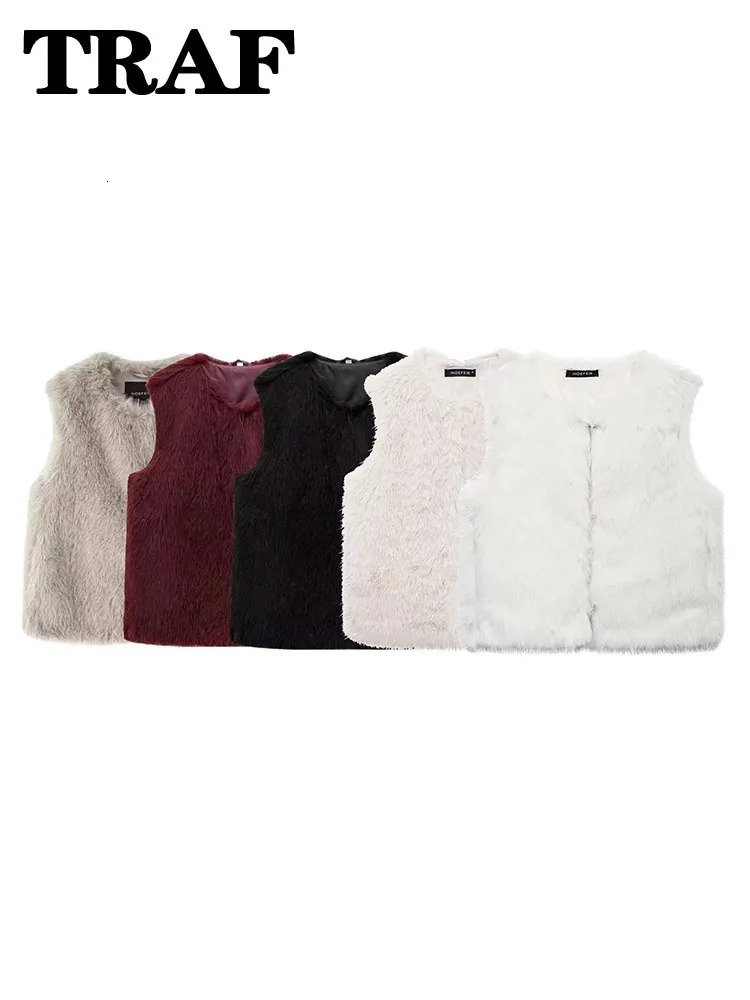 TRAF faux fur cut womens vest loose and comfortable sleeveless jacket soft textured top of the line streetwear for women 250506
