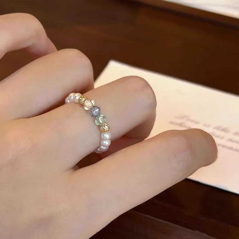 PANJBJ 925 Sterling Silve Multicolour Bead Ring for Women Pearl Elastic Sweet Romantic Design Jewelry Gift DropshippingXJ250514