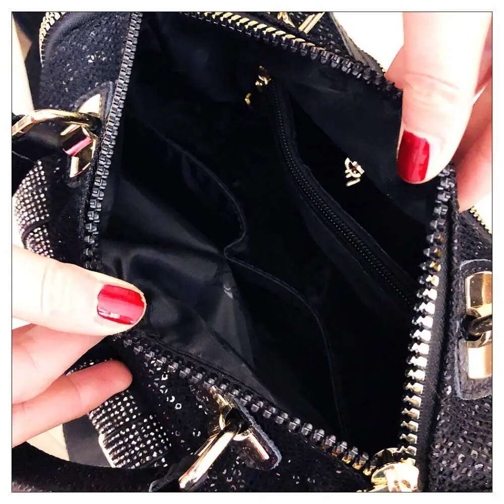 Female Fashion Mesh Netting Dias Multi-Pockets Messenger 2025 Women Trends Shiny Rhinestone Boston Satchel Shoulder Bag