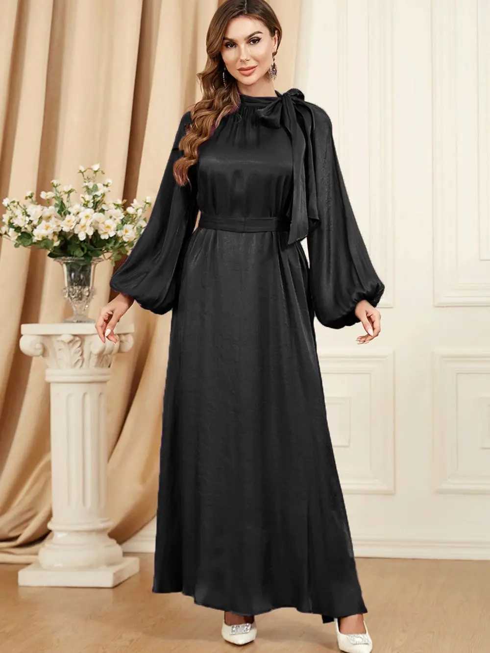 Elegant Tie Neck Abaya Lantern Slve Maxi Dress Women Muslim Moroccan Kaftan Ramadan Jalabiya Islam Dubai Arabic Kaftan Robes X250514