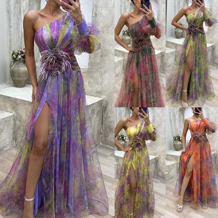 Womens New Party Mesh Sloping Shoulder Dress Casual Fashion Sexy High Waist Long Maxi Loose DressXJ250514
