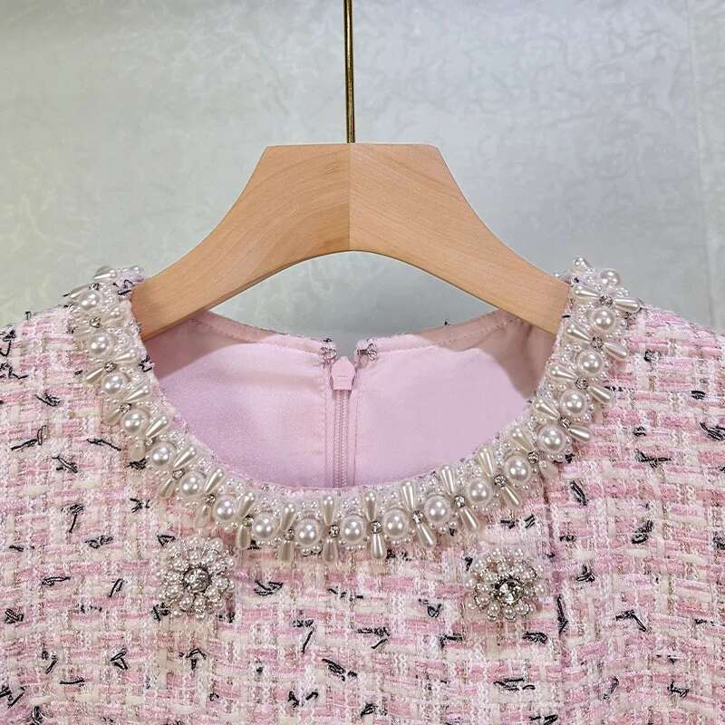 Tweed Dresses Women Summer Holiday Crystal Double Breasted Bodycon Pearl Chain Short Sleeve Evening Party Dress
