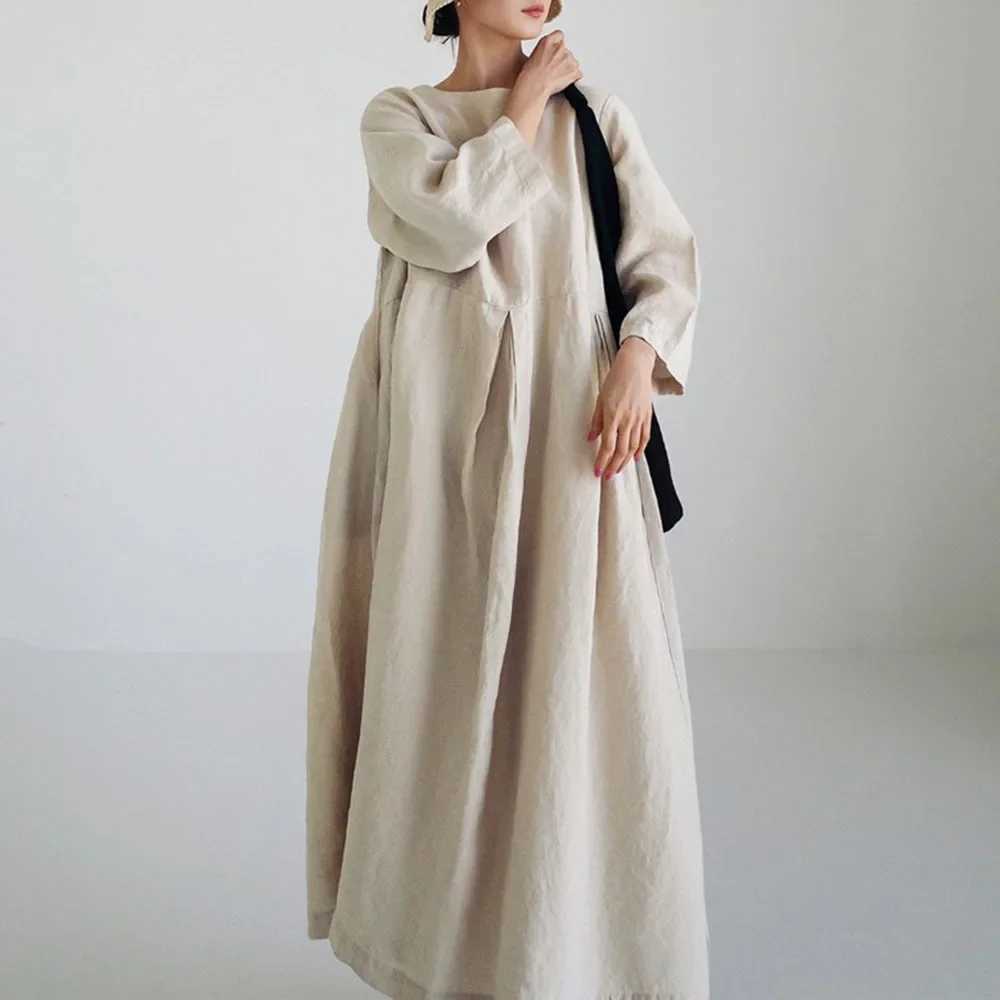 2022 Casual Artistic Cotton Linen Womens Dress Autumn Japanese Style New Olive Green Long Sleeve Elegant Long DressXJ250514