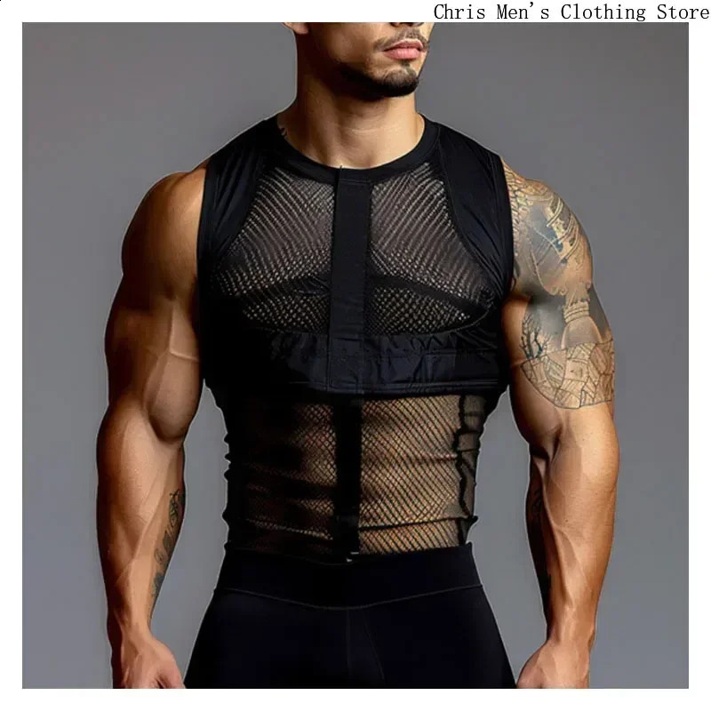 Mesh Breathable Male Tank Top Sexy See-through Men Sleeveless Tee Mens High Street Punk Black Vest Fitness Exercise Hollow Vest 250513