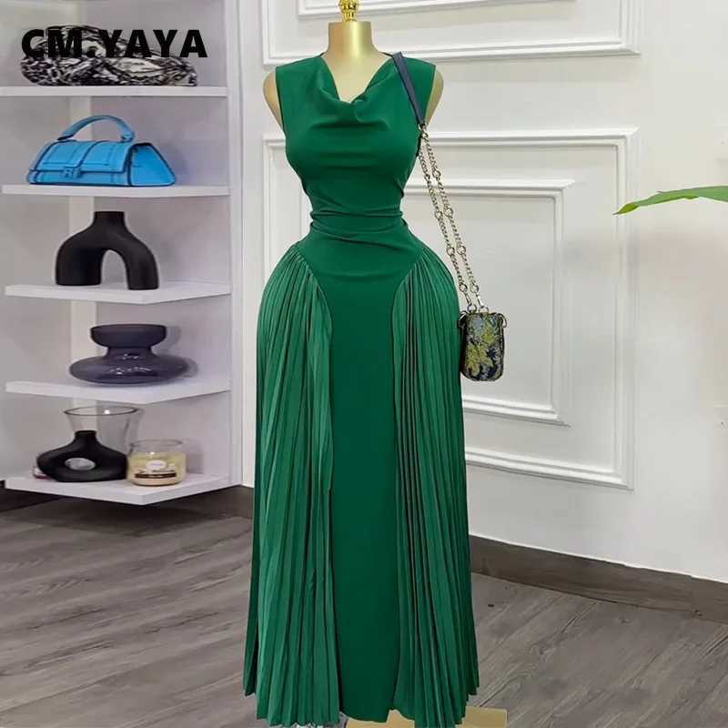 CM.YAYA 2025 Summer Elegant Sleeveless Sweet V-Neck Floor-Length Long Women Dress Beach Party Evening Sexy Pleated DressesXJ250514
