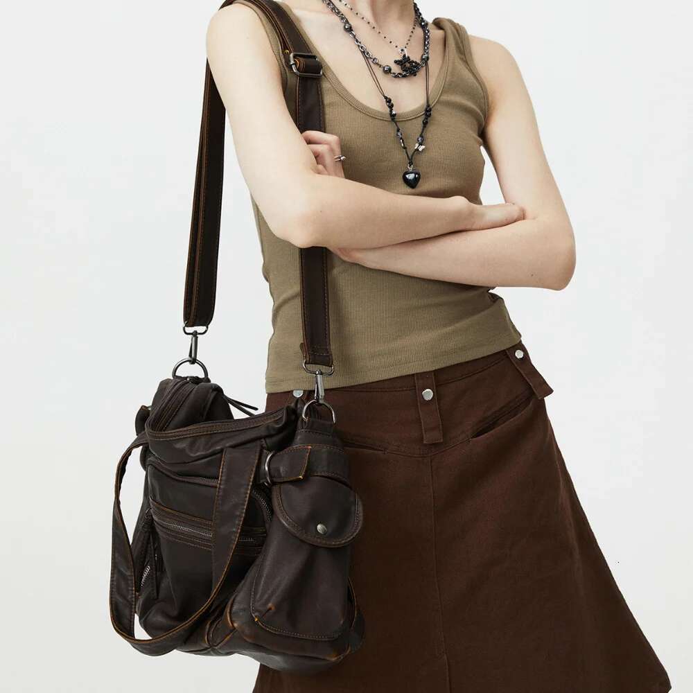 Retro Tote Motorcycle Soft PU Leather Large Capacity Shoulder Y2k Punk Multi Pocket Crossbody Bag