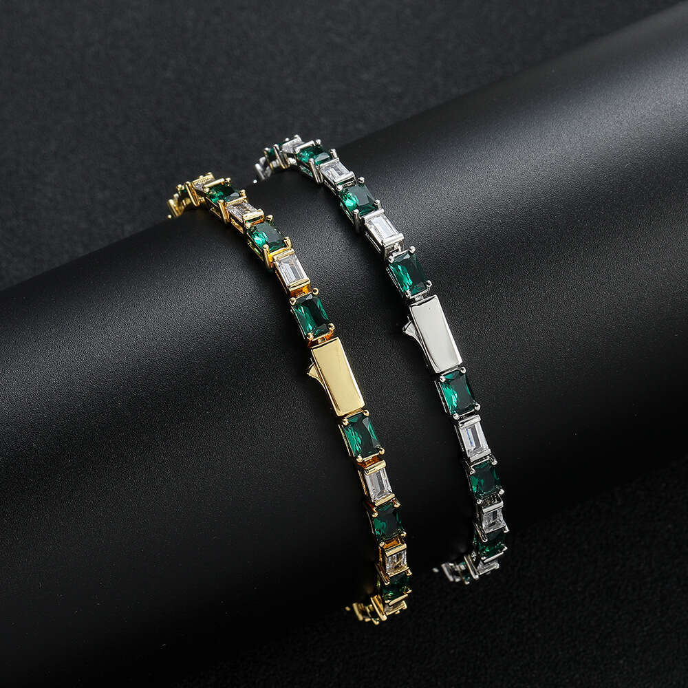 Smooth spring buckle tennis rectangular zirconia green and white stripes women, copper inlaid with zircon hip-hop minimalist bracelet for women