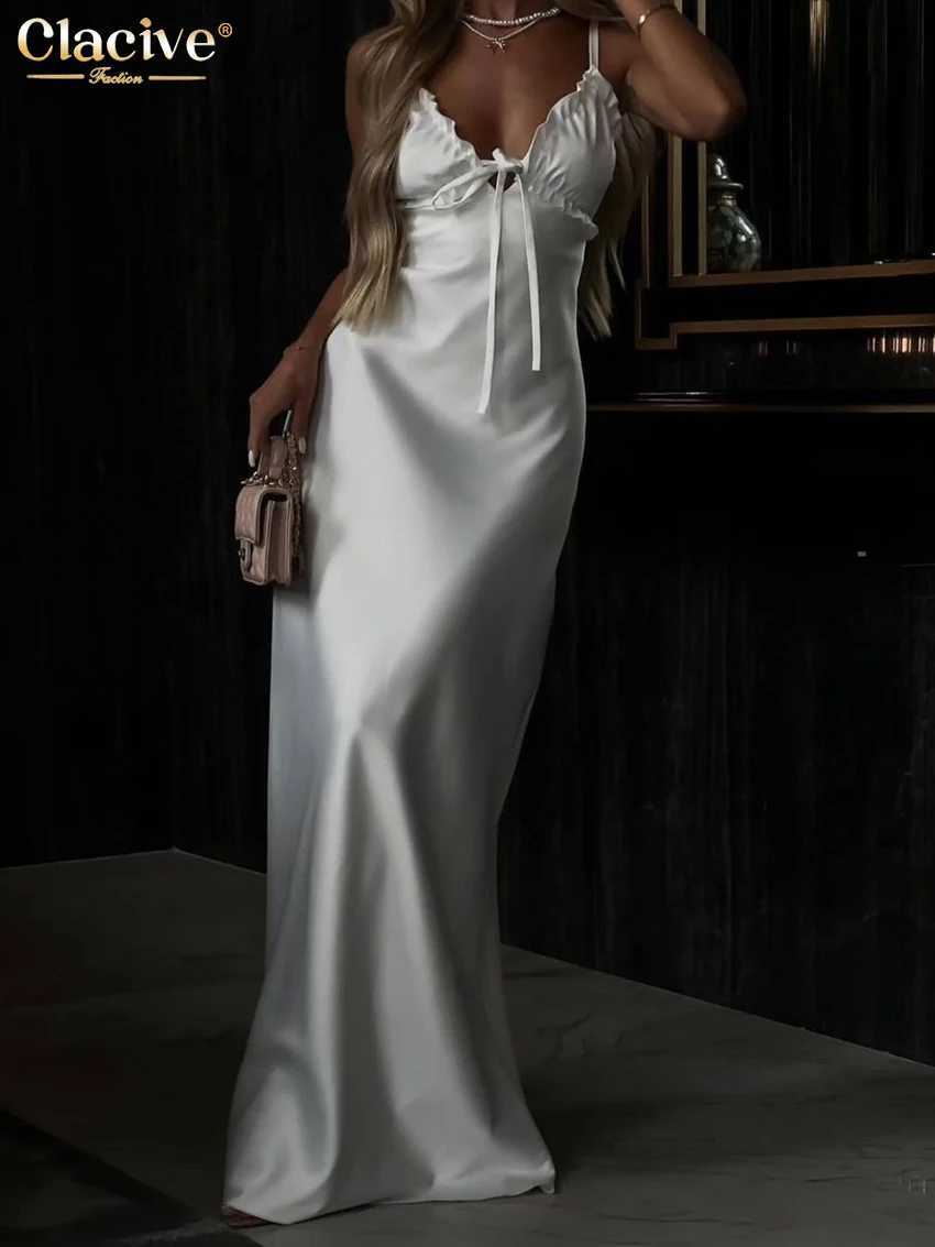 Clacive Summer Slim White Satin Womens Dress 2025 Fashion Strap Sleeveless Maxi Dresses Elegant Classic Backless Female DressXJ250514