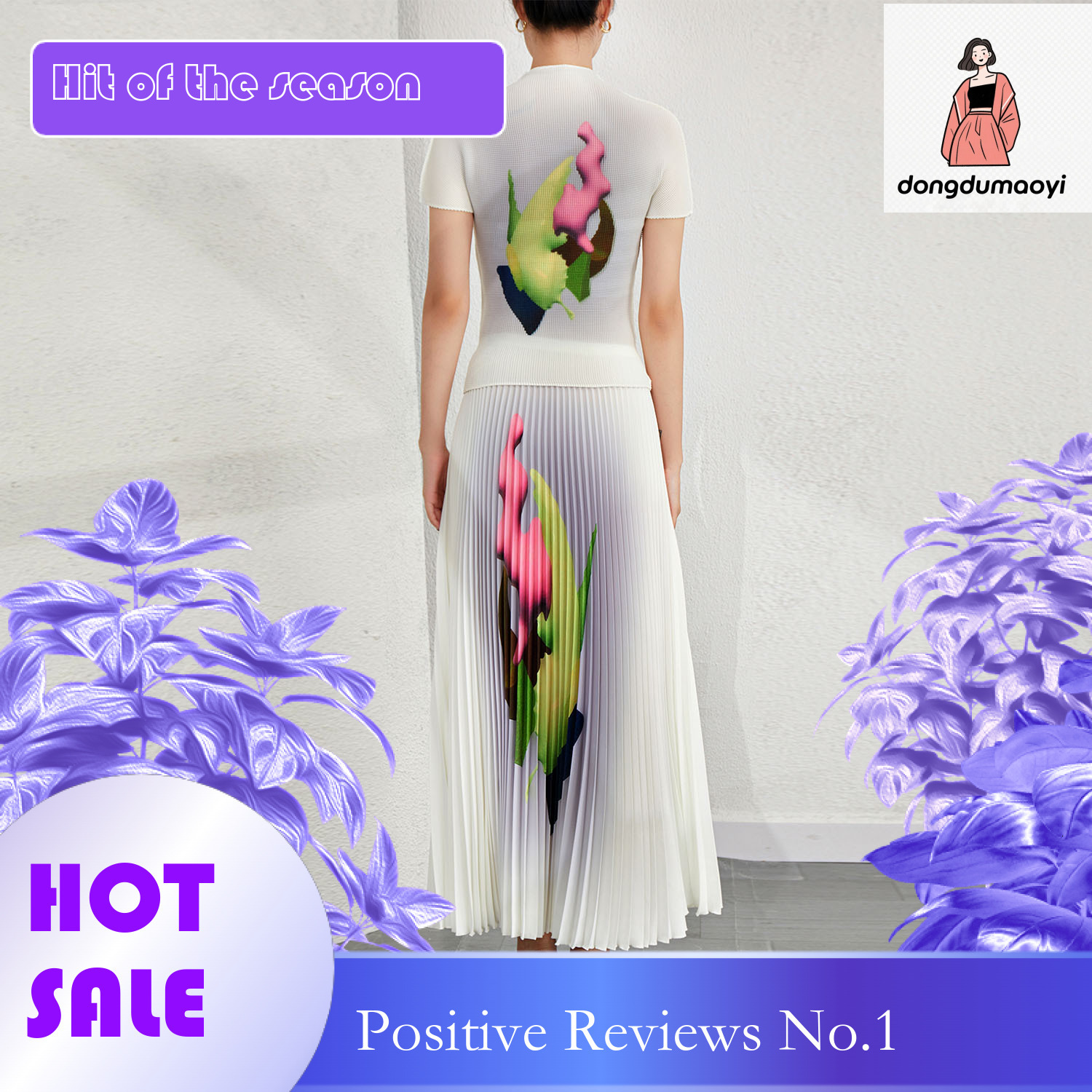 dongdumaoyi European high-end fashion casual pleated for women's 2024 summer new printed T-shirt, half skirt two-piece set