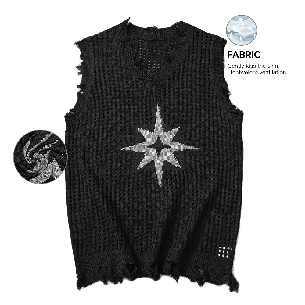 Slavinson Mens Knitted Tank Top Summer Solid Color Star Pattern Mesh Casual Sleeveless Breathable Wool Soft US Size 250506