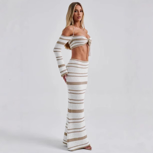 2025 new spicy girl womens suit summer striped long sleeved hanging neck top half skirt two-piece set for women