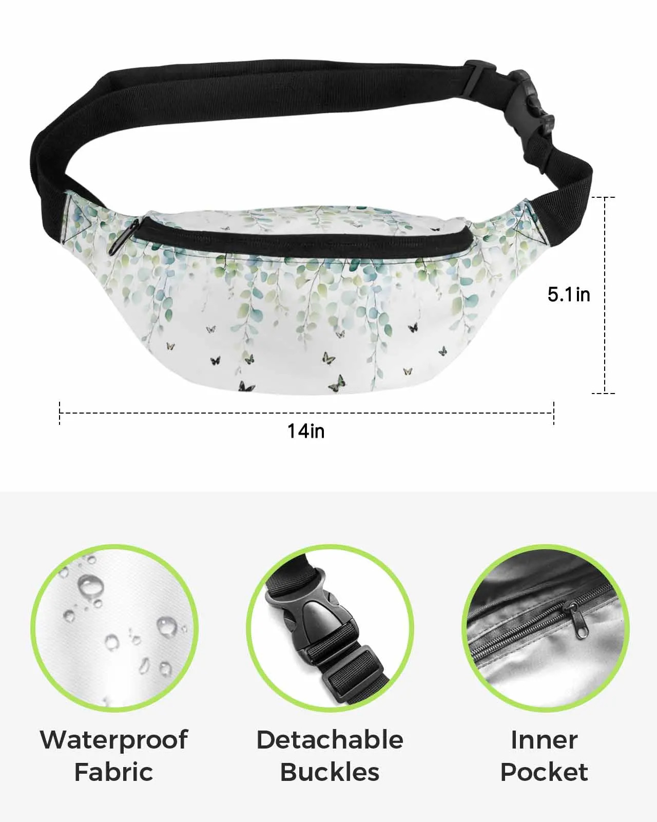 Butterfly Eucalyptus Leaves Watercolor Retro Waist Bag Women Men Belt Bags Large Capacity Pack Unisex Crossbody Chest 250514