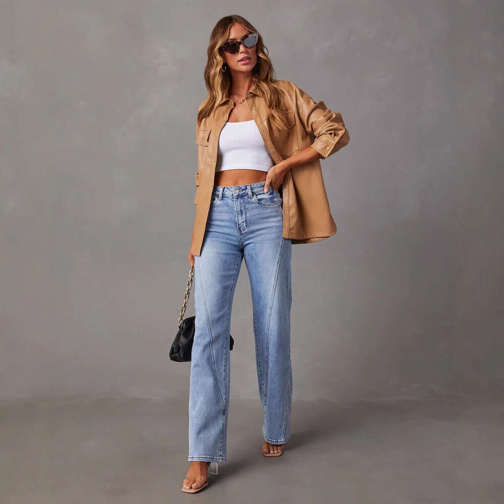 25 Year New Comfortable and Casual Loose Fitting Wide Leg Womens Jeans for Women -32149 Discount in Limited Time Leisure and Leisure Printing Solid Co
