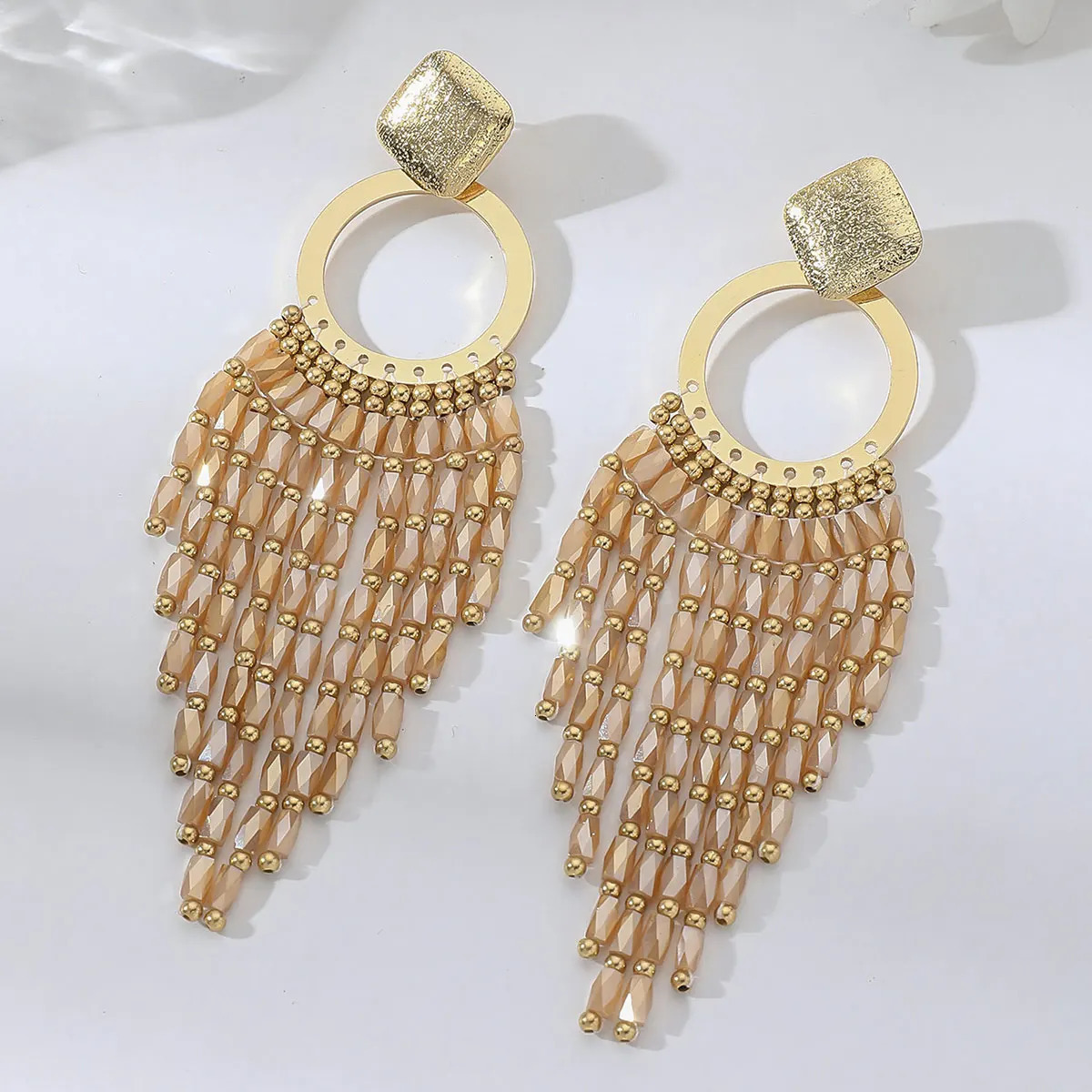 Bohemian Ethnic Crystal Beads Long Tassel Earrings for Women Vintage Elegant Geometric Metal Drop Earrings Handmade Jewelry Gift 250514