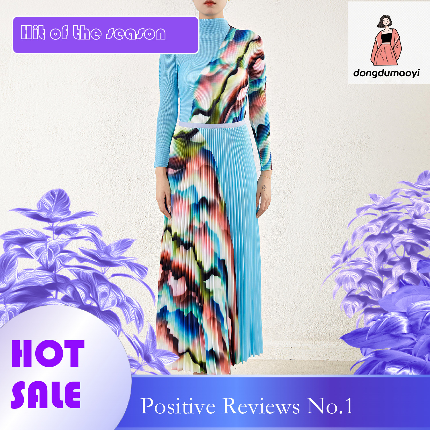 dongdumaoyi European fashion high-end printed set, new pleated elastic T-shirt, Tongle half body skirt, three bedroom two-piece set