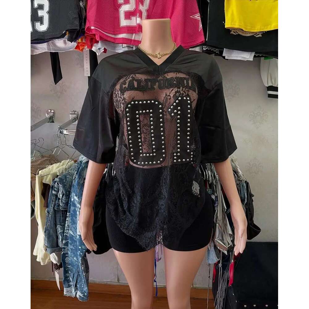 Getspring Women 2025 Spring Summer Lace Ing Perspective Sexy Tshirt Loose T Shirts Tee Shirt Female Top Tshirts