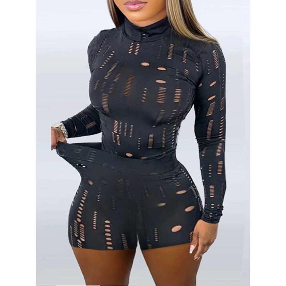 LW Plus Size Shorts Set Pierced Stretchy Sexy Women Casual O Neck Sheath Summer Vestidos Matching Outfits