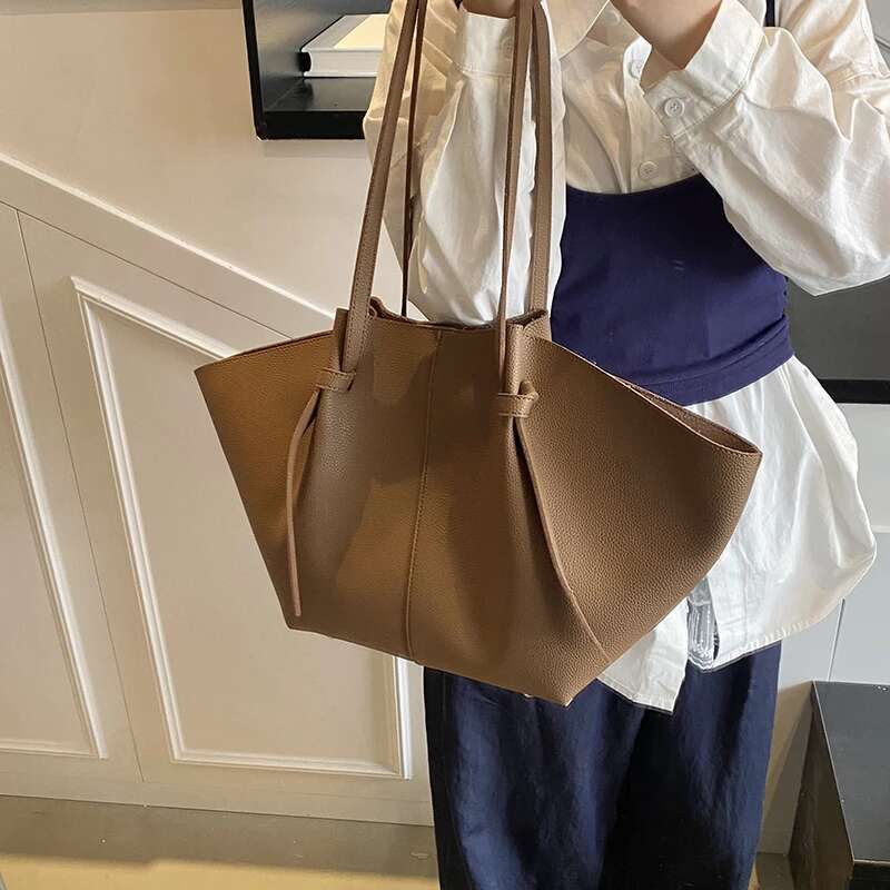 Women Fashion Shoulder Large Capacity PU Leather Casual Handbag Solid Color Simple Tote Purse Female Shopping Bag